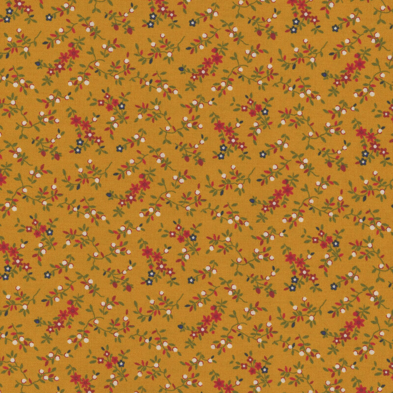 Yellow fabric with a blue and red floral pattern 