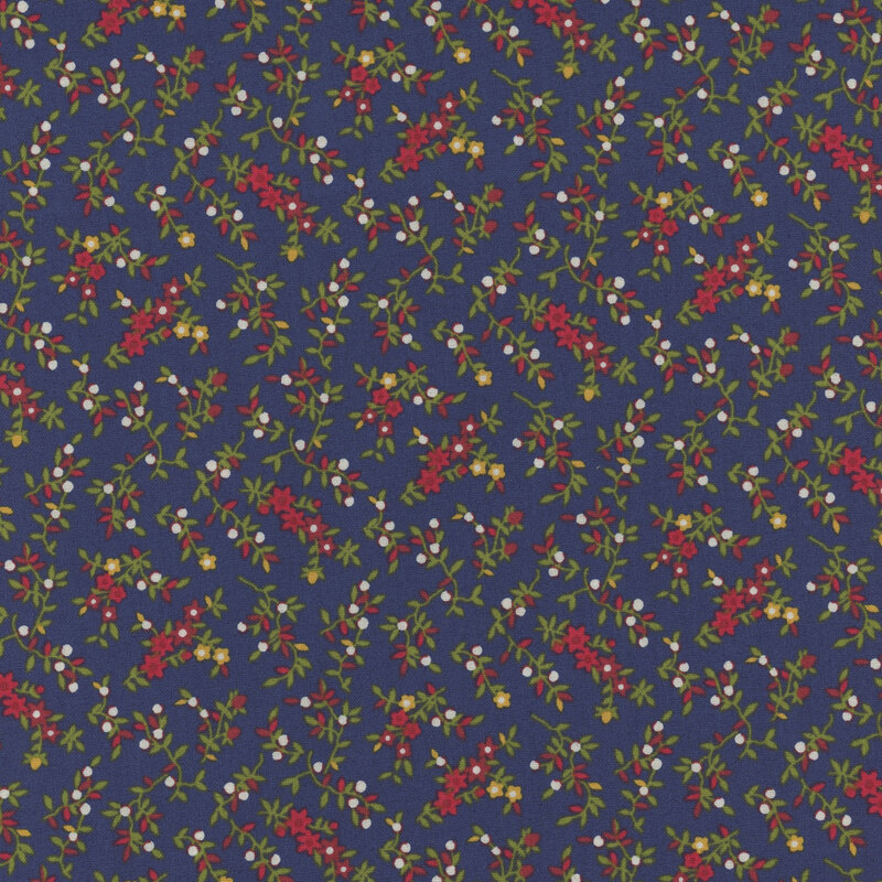 Blue fabric with a red, white, and gold floral pattern 