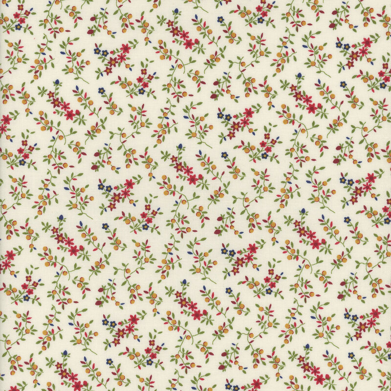 White fabric with a red and blue flower pattern 