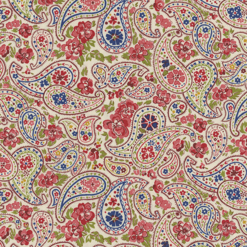 White fabric with an American themed paisley and floral pattern 