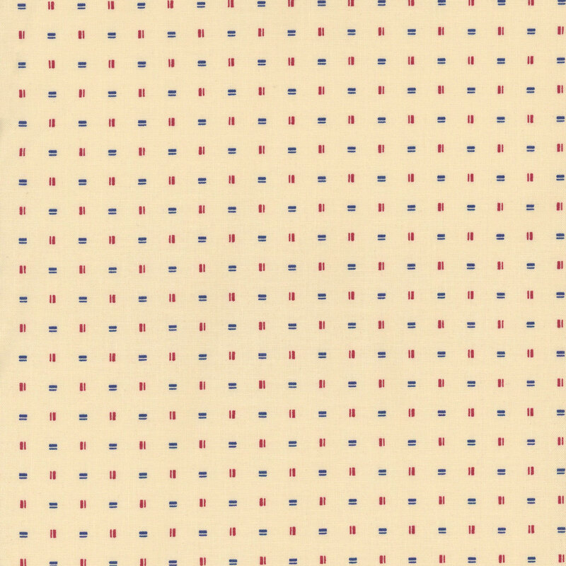 Cream fabric with a geometric red and blue rectangle pattern