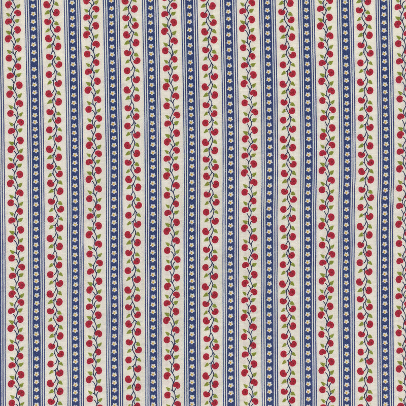 A textile pattern featuring vertical stripes with small red flowers and blue accents on a cream background.