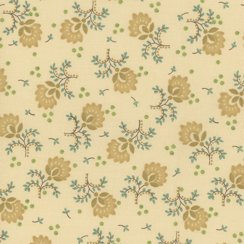 Cream fabric featuring a floral pattern with light brown flowers and green accents.