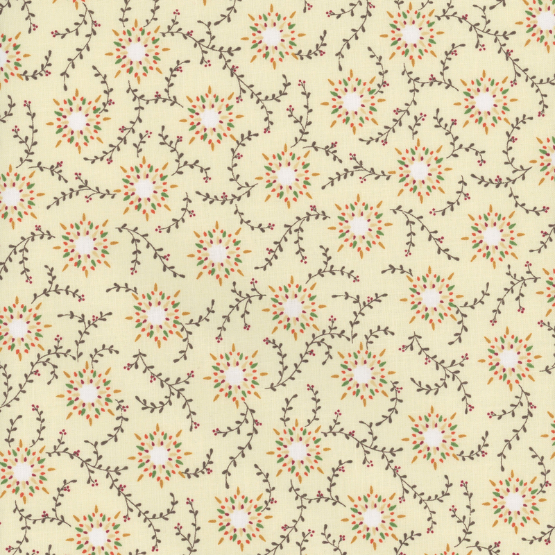 Pattern of flowers in orange and white with green vines on a light yellow fabric.