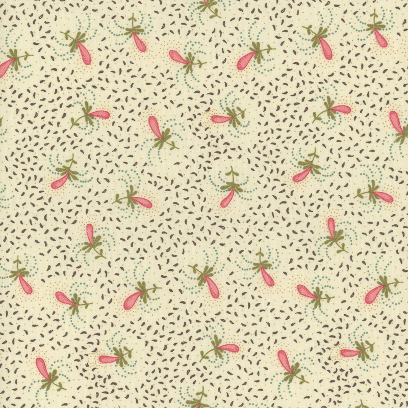 A repeating pattern of florals with pink accents on a light beige fabric.