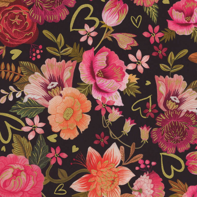 Black fabric covered in large pink and red flowers and golden hearts