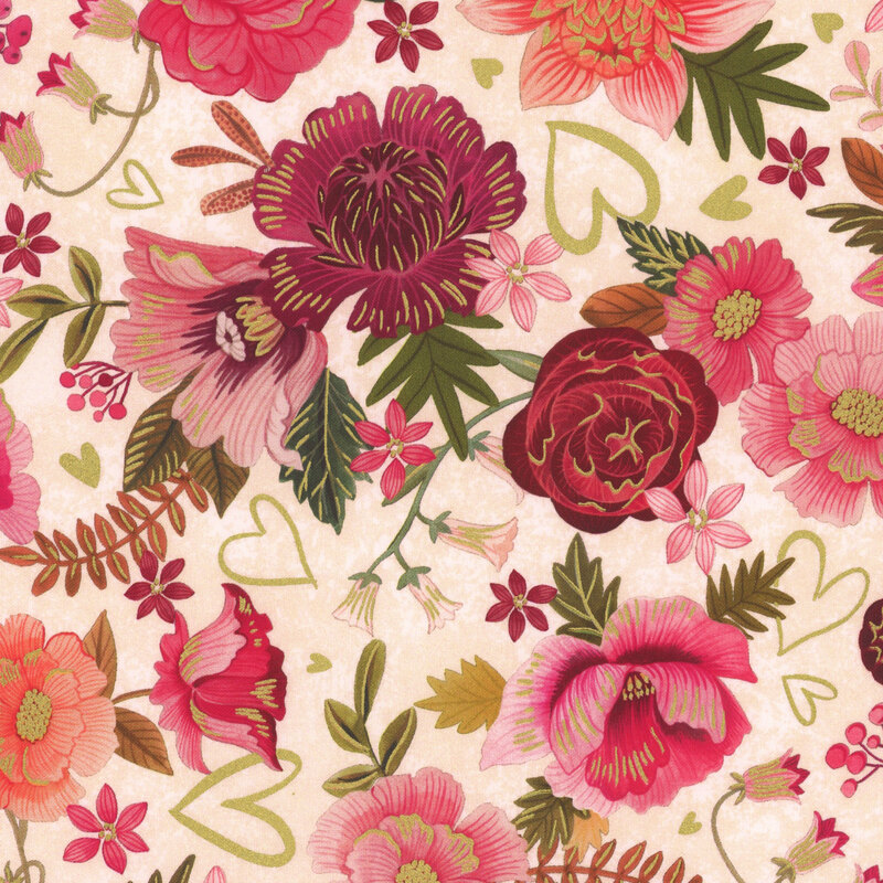 Cream fabric with large red, and pink flowers with golden hearts in the background