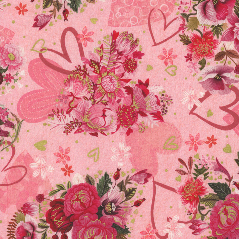 A pink floral pattern featuring various flowers, hearts, and decorative elements in shades of pink and red.