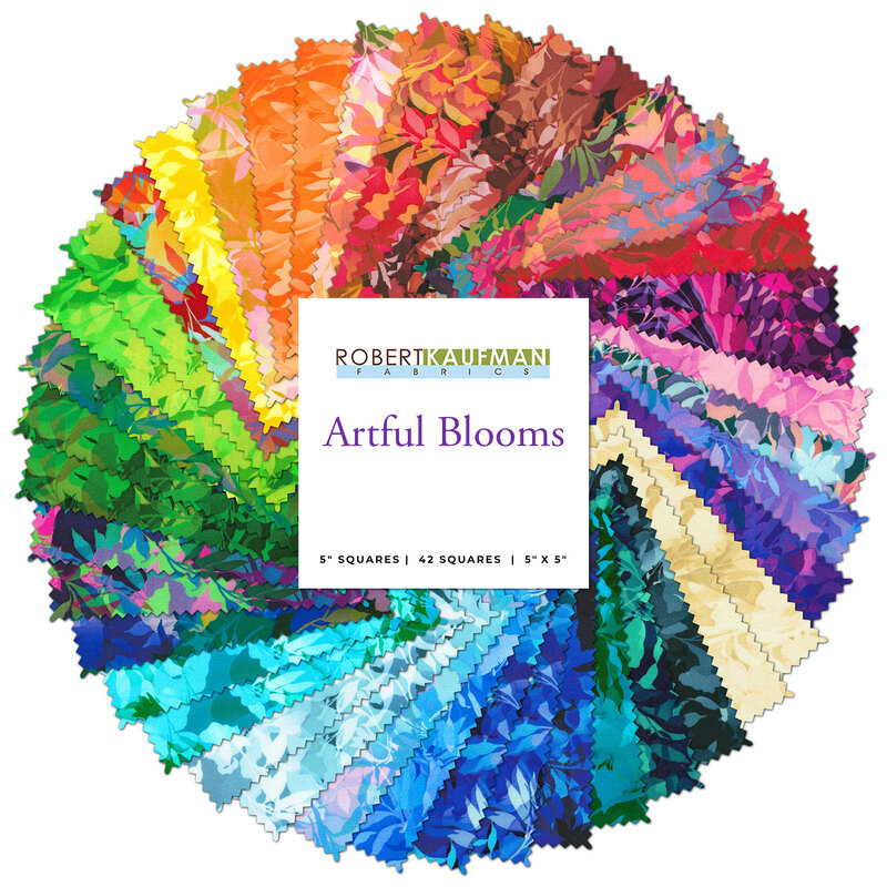 Collage of fabrics in the Artful Blooms charm pack