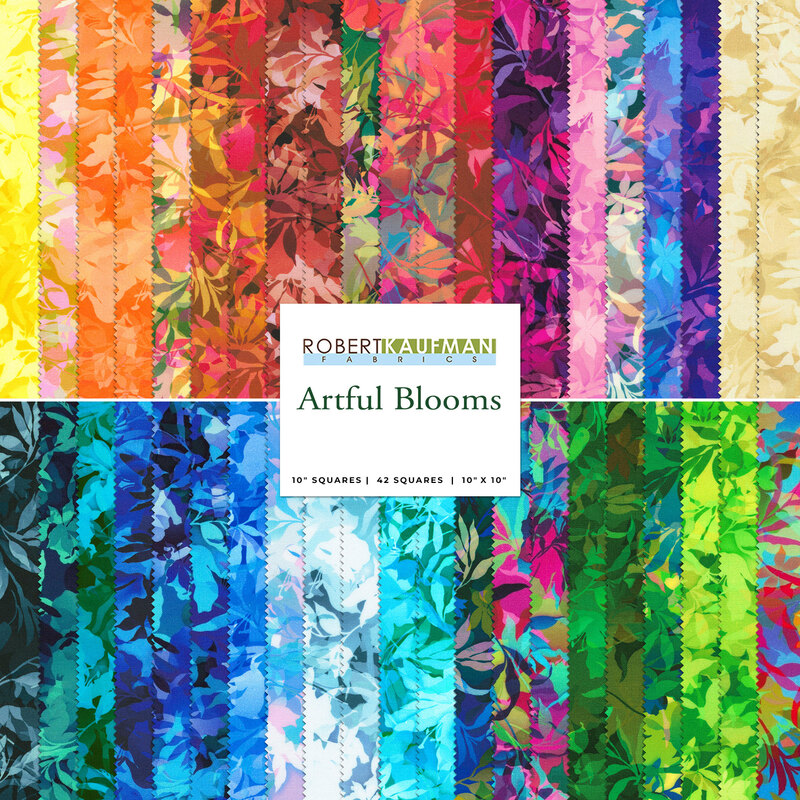 Collage of fabrics in the Artful Blooms layer cake