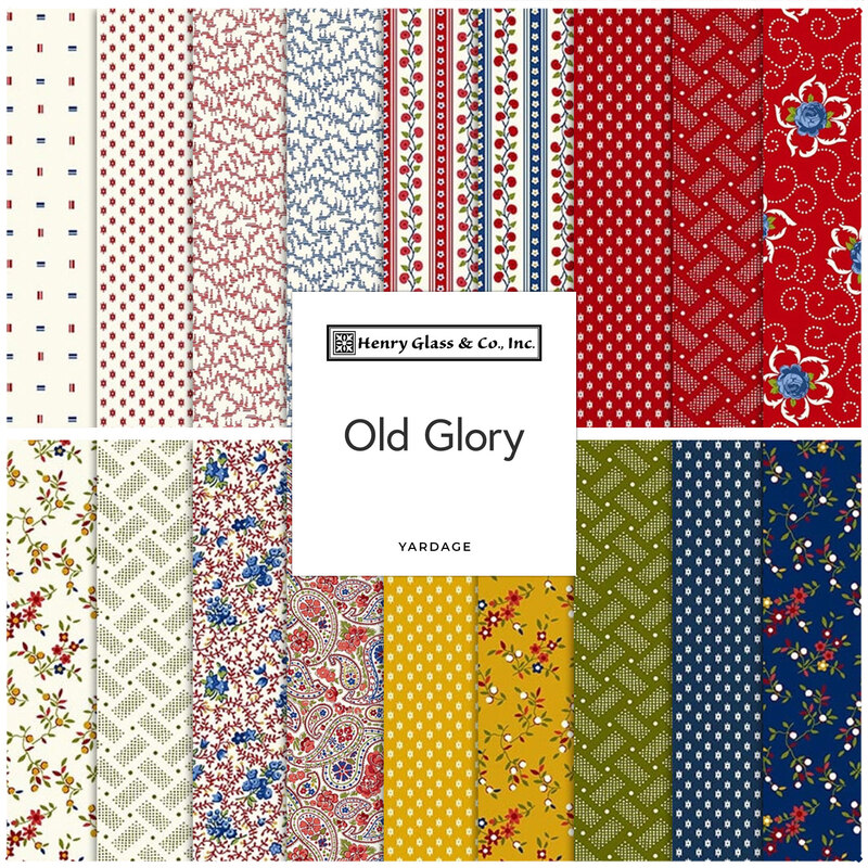 Collage of fabric patterns available in the Old Glory collection