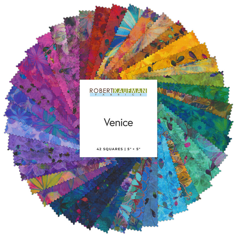 A spiral collage of the fabrics included in the Venice 5