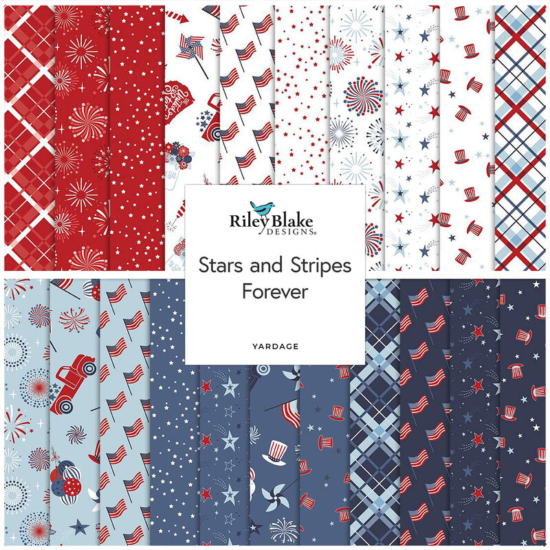 collage of the fabrics in Stars and Stripes Forever in shades of red, white, blue, and navy