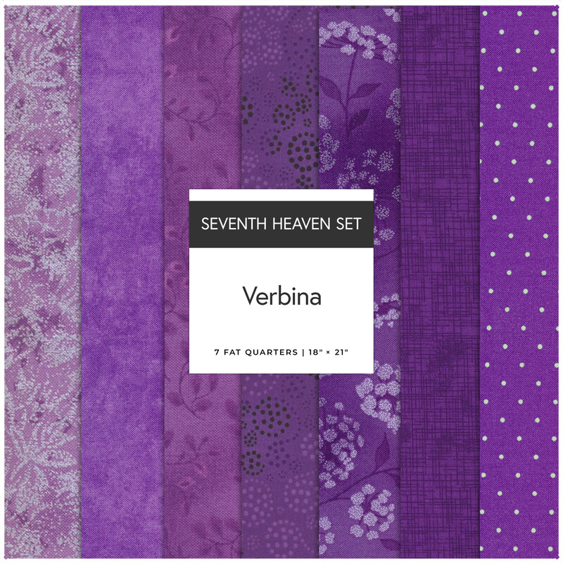 A collage of 7 purple fabrics in the Verbina seventh heaven set