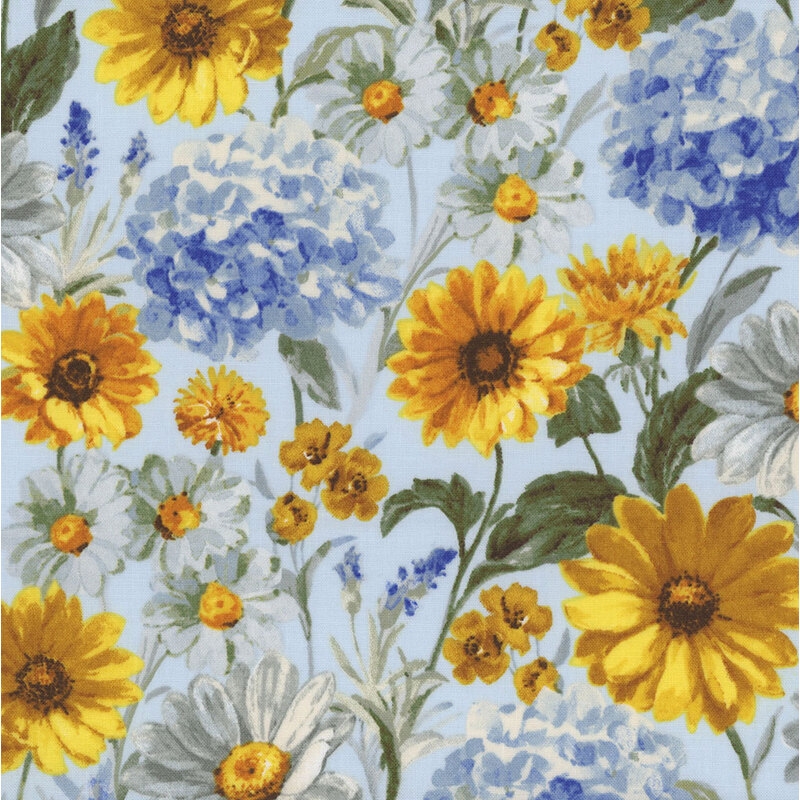 Light baby blue fabric with large yellow and white daisies and blue hydrangeas