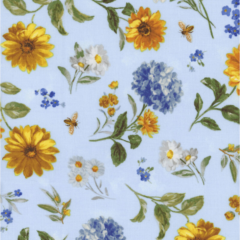 Light baby blue fabric with yellow and white daisies, blue hydrangeas, and buzzing bees