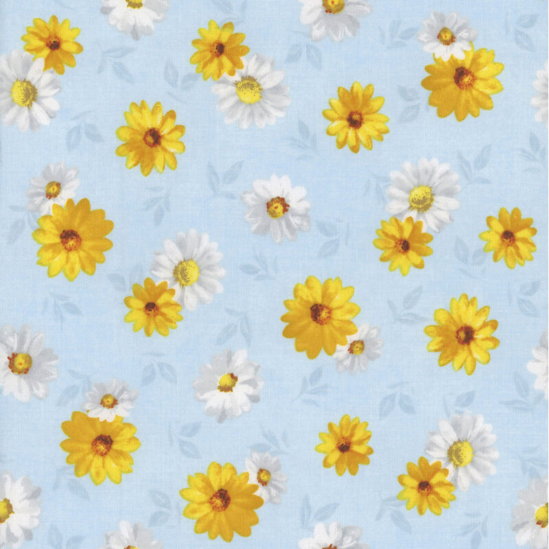 Baby blue fabric with yellow and white daisies scattered throughout