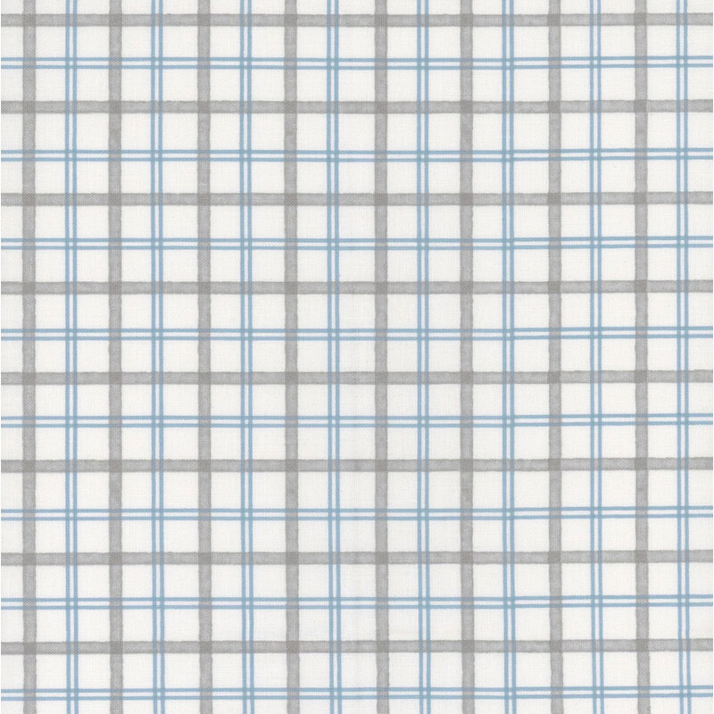 White fabric with a gray and blue plaid pattern