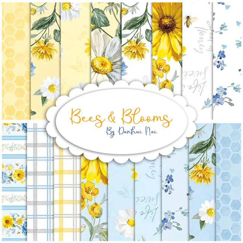 A stacked collage of blue, white, and yellow fabrics with floral summertime motifs