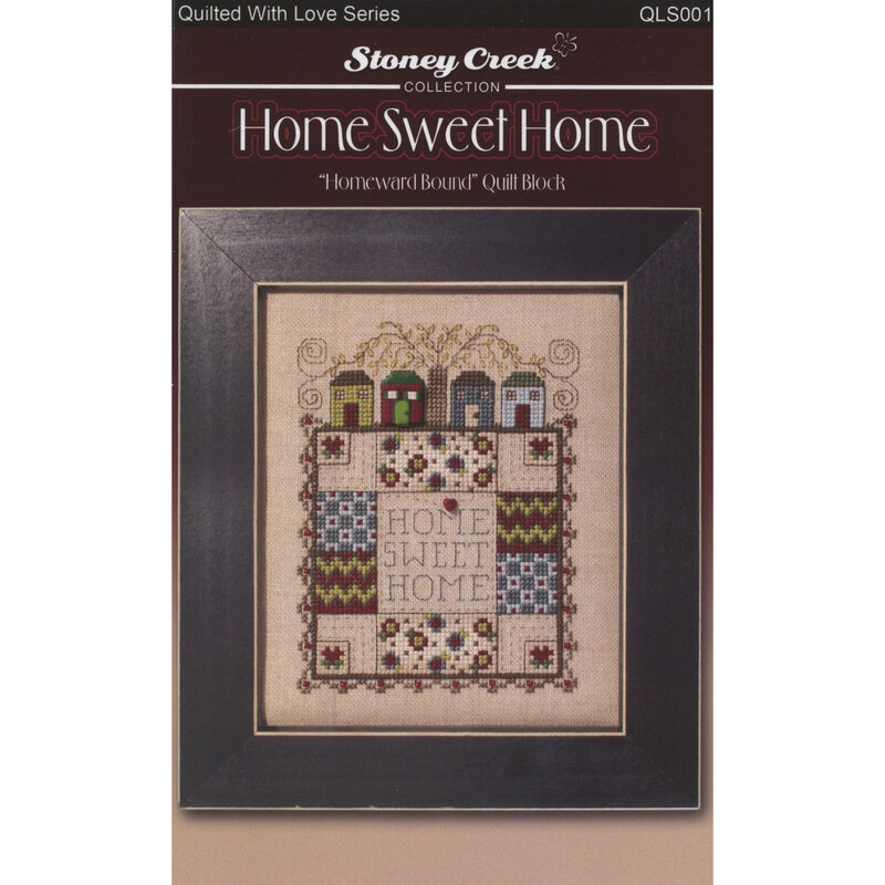 Front of cross stitch pattern showing the finished design displayed in a frame