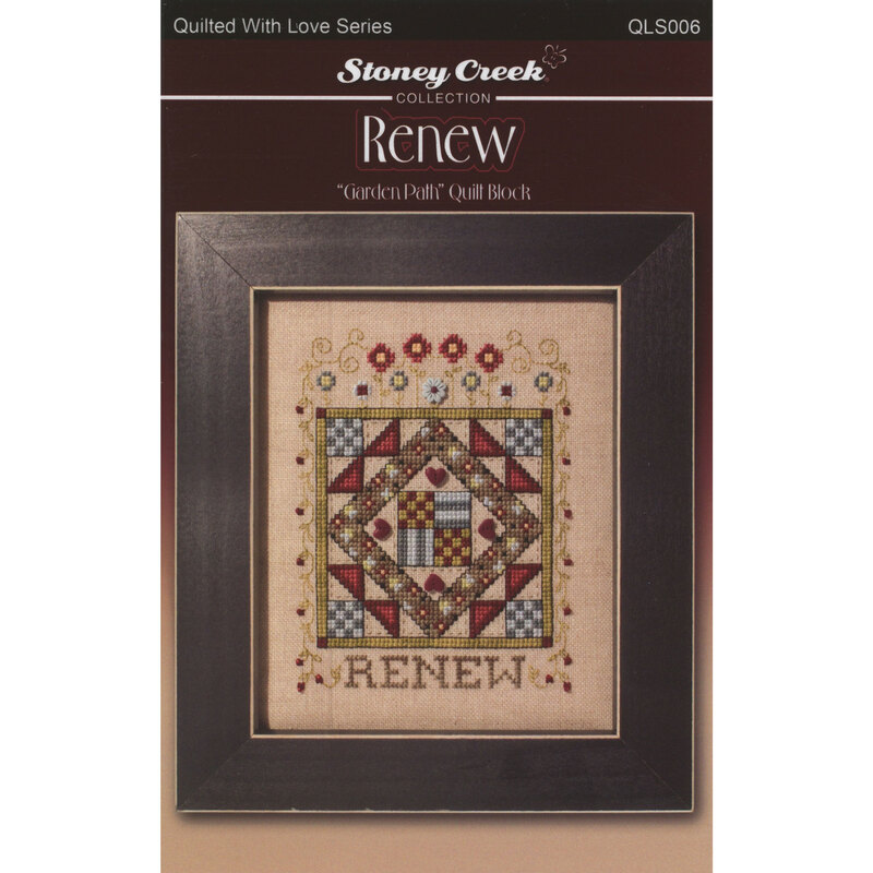 Front of cross stitch pattern showing the finished design displayed in a frame