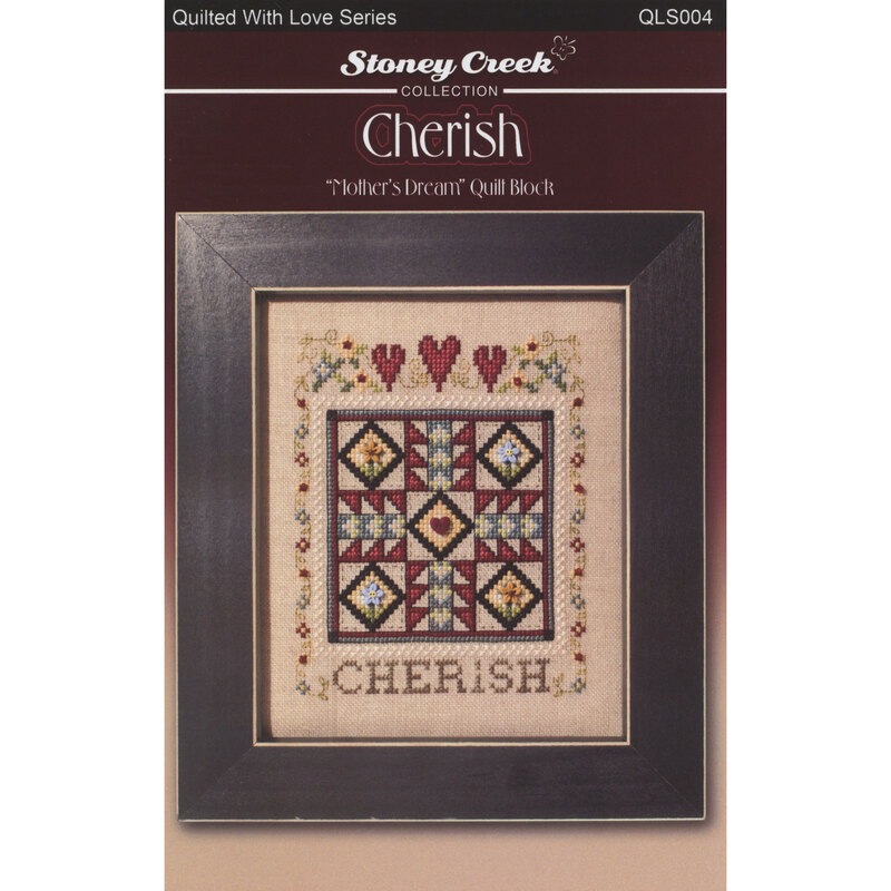 Front of cross stitch pattern showing the finished design displayed in a frame