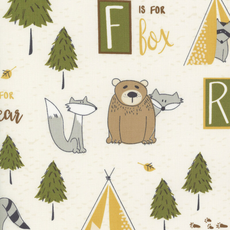 Off white fabric with pine trees, bears, racoons, wolves, tents, and fun phrases throughout