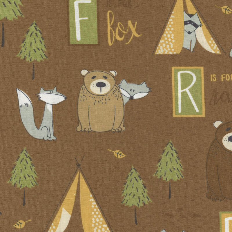 Brown fabric with pine trees, tents, wolves, bears, racoons, and fun phrases throughout