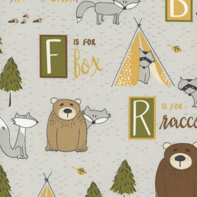 Gray fabric with tents, pine trees, wolves, tents, bears, and fun phrases throughout