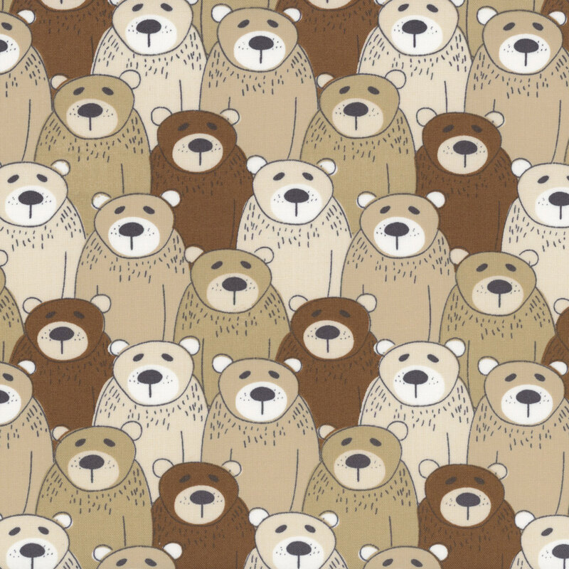 Fabric with packed brown, tan, and cream bears 