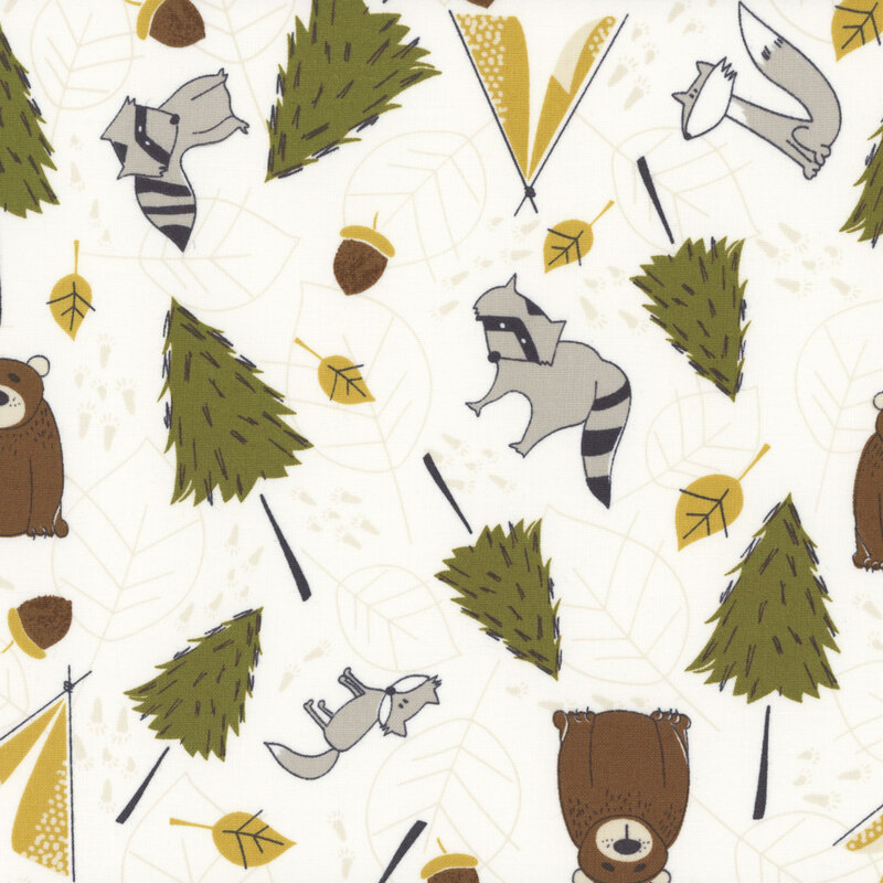 Off white fabric with scattered bears, racoons, wolves, pine trees, and tents throughout