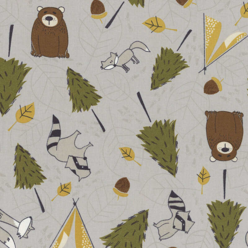 Gray fabric with scattered bears, racoons, wolves, pine trees, and tents throughout