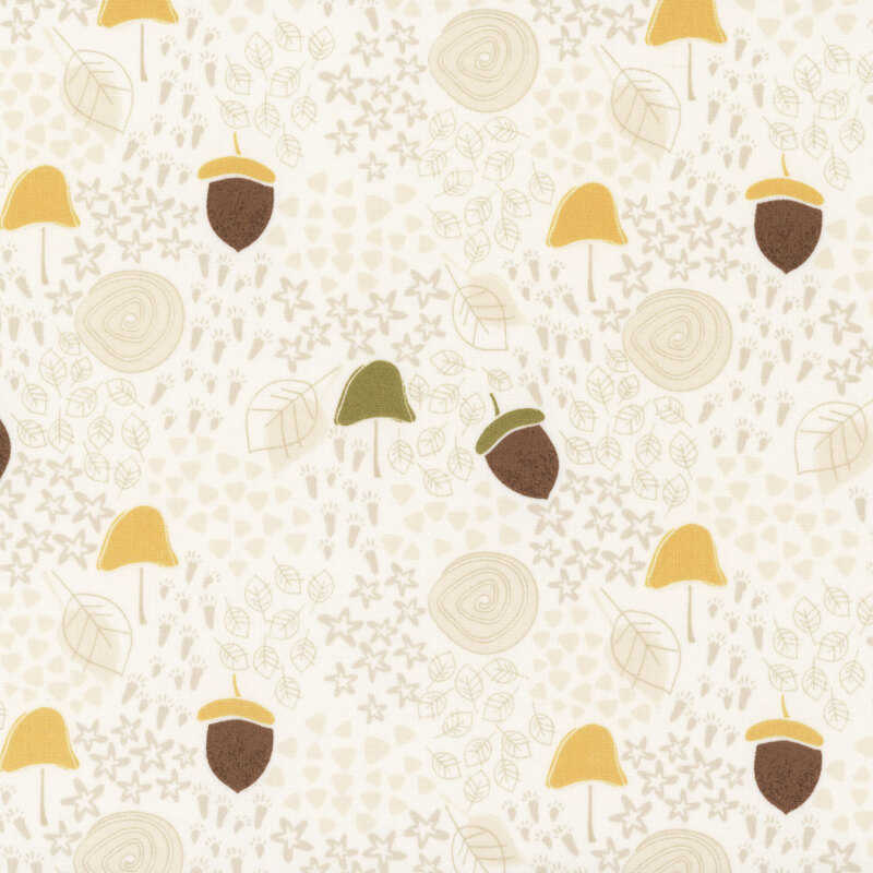 Off white fabric with dark cream stars, animal foot prints, and swirls in the background with colorful acorns and leaves throughout