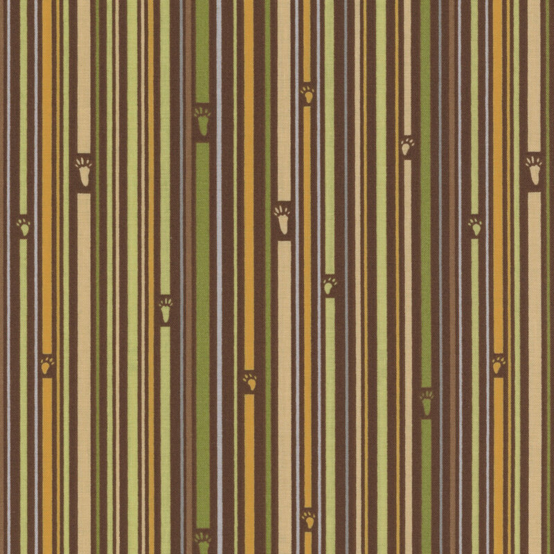 Brown fabric with tan, green, and yellow stripes with little animal footprints placed throughout