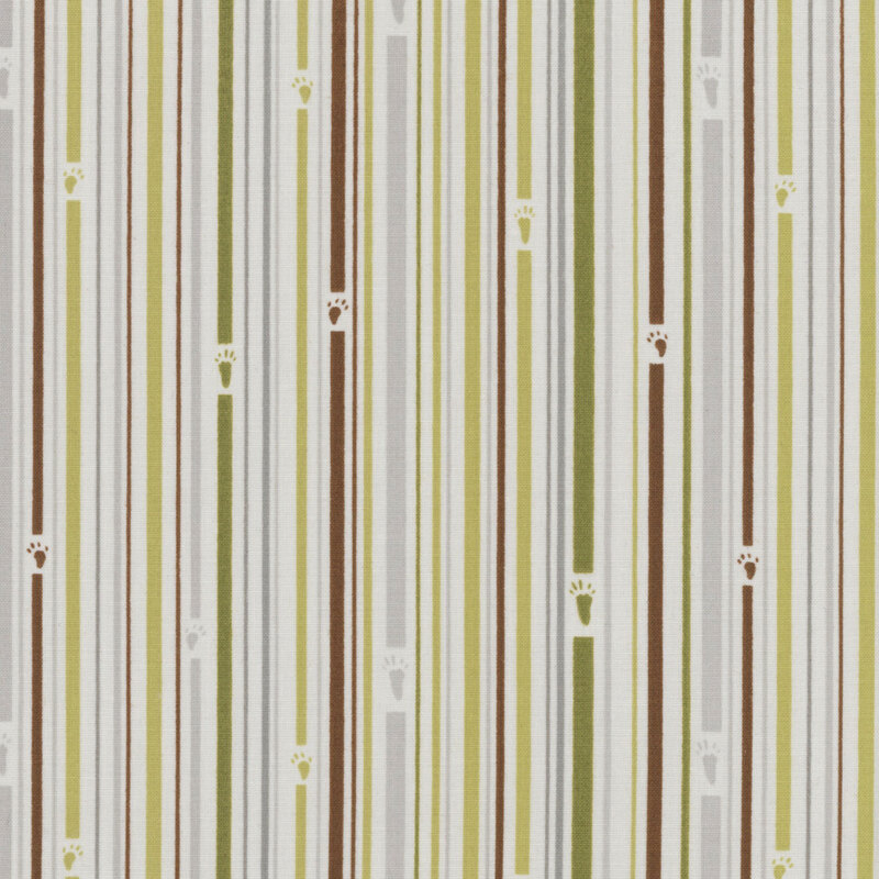 Gray fabric with brown, tan, and green stripes with little animal foot prints placed throughout