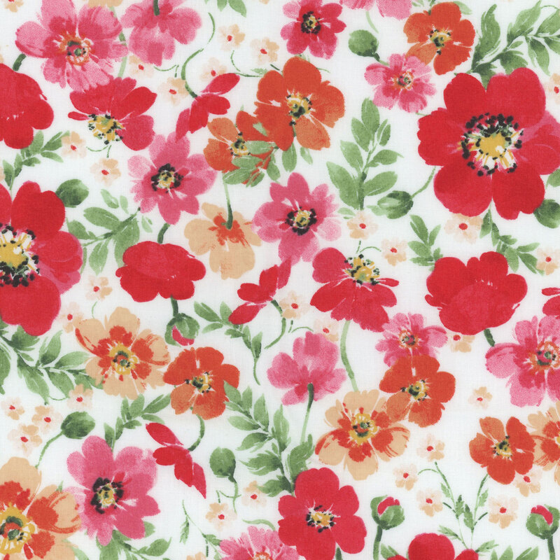 White fabric covered in red, orange, and pink flowers with green leaves