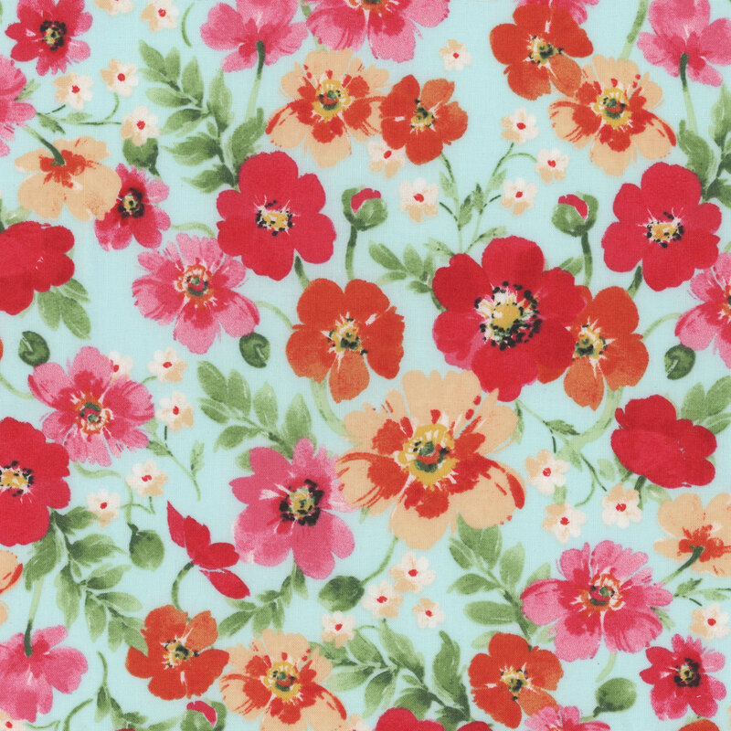 Aqua fabric covered in red, orange, and pink florals with green leaves throughout