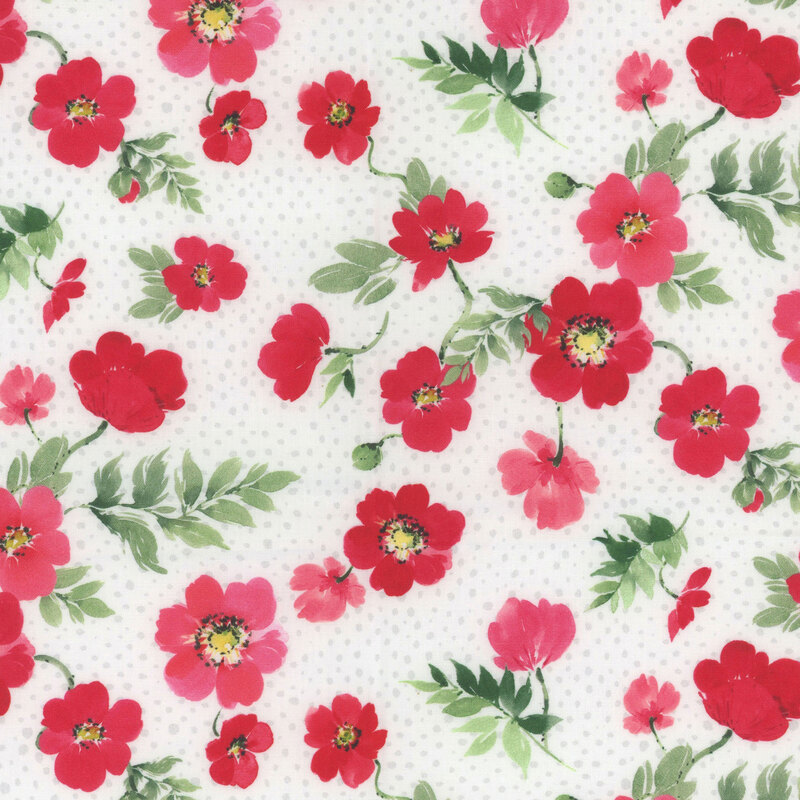 White fabric with ditsy red florals with green leaves throughout