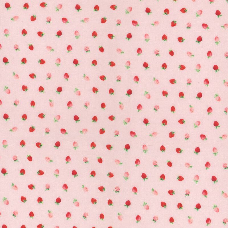 Light pink fabric with small, ditsy strawberries tossed throughout