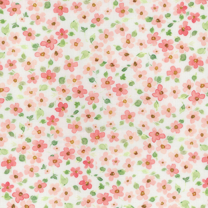 White fabric with light pink florals with green leaves throughout