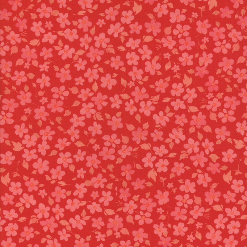 Tonal red fabric with lighter red florals throughout