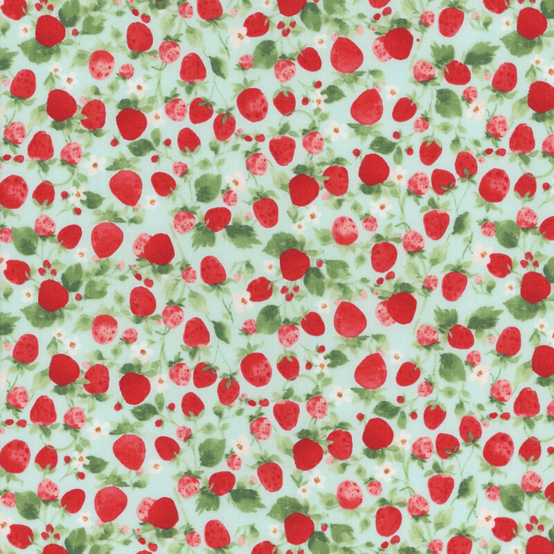 Aqua fabric with red strawberries and green leaves all over