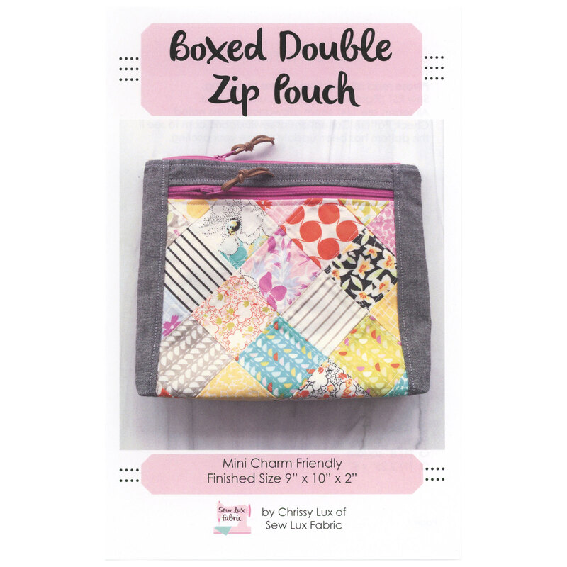 Front of the Boxed Double Zip Pouch pattern showing the finished project staged on a white background.