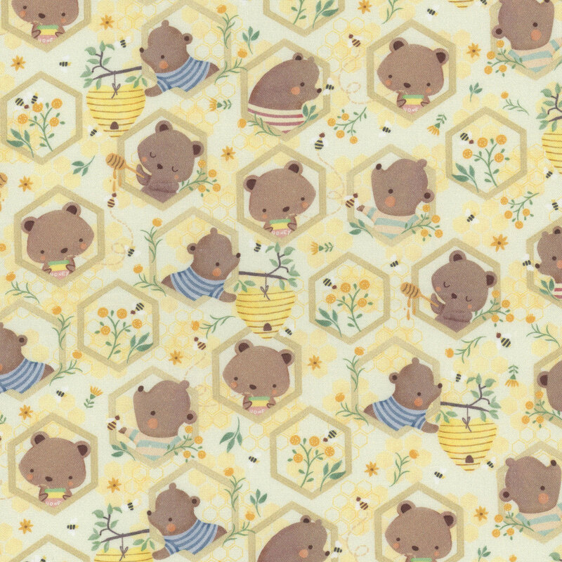 Light yellow fabric featuring bears, bees, and flowers in a honeycomb design