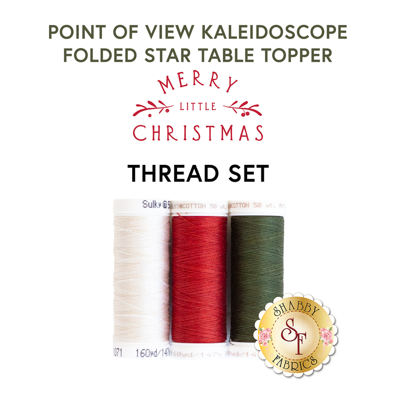 Three spools of thread in white, red, and juniper green on a white background below a text graphic that reads 