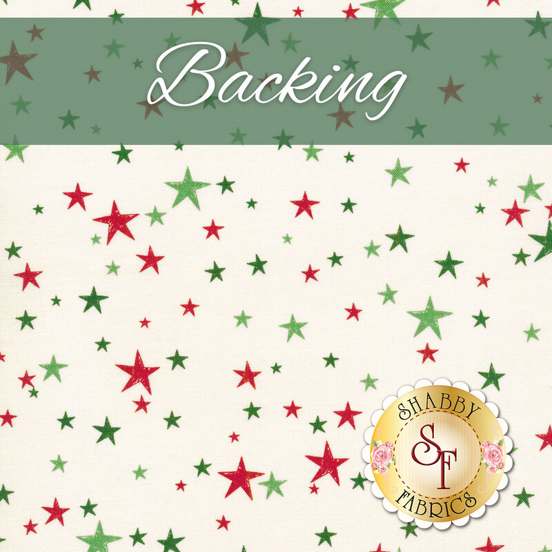 A swatch of cream fabric packed with red and green stars of varying shades and sizes. A muted green banner at the top reads 