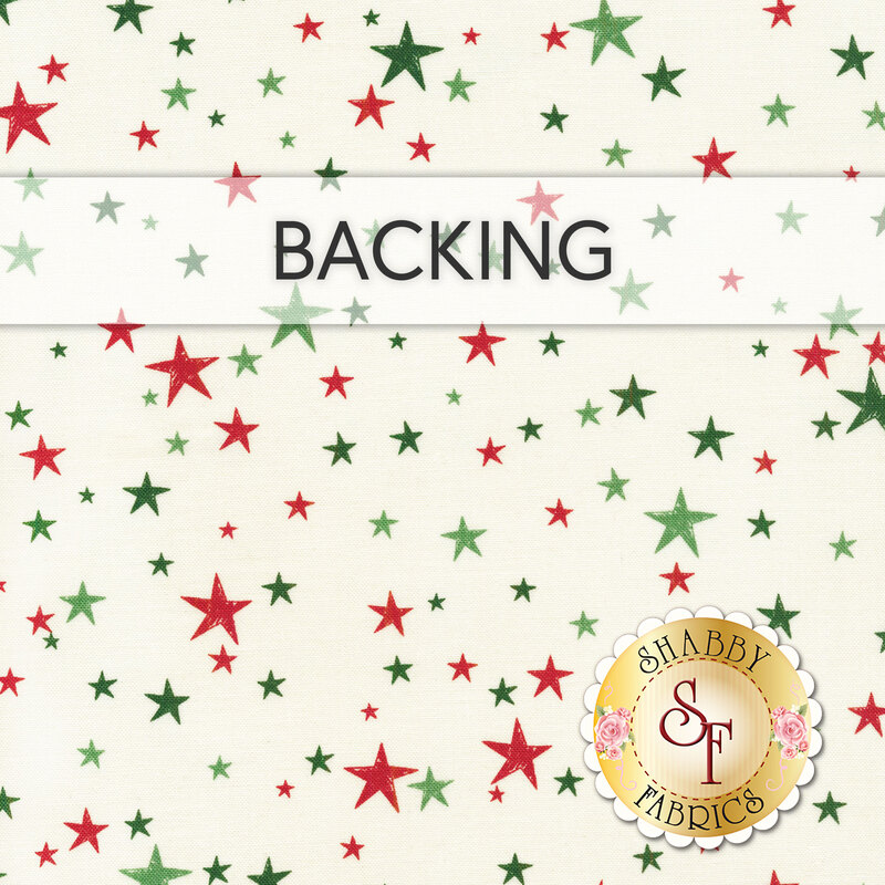 A swatch of cream fabric packed with red and green stars of varying shades and sizes.