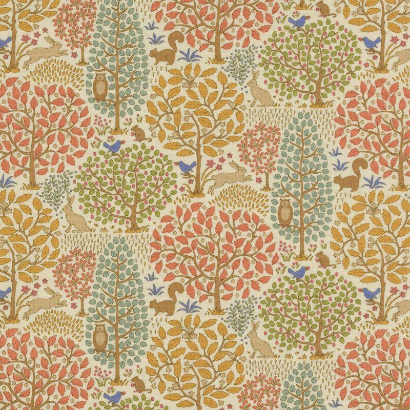 Cream fabric with large orange, pink, and pine green leafy trees and rabbits, squirrels, birds, and owls scattered across the scenery.