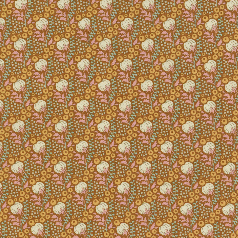 Ochre yellow fabric with cotton bolls lined up in neat rows waiting to bloom.