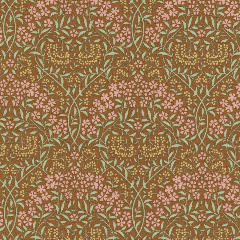 Caramel brown damask fabric made entirely of ornate florals.